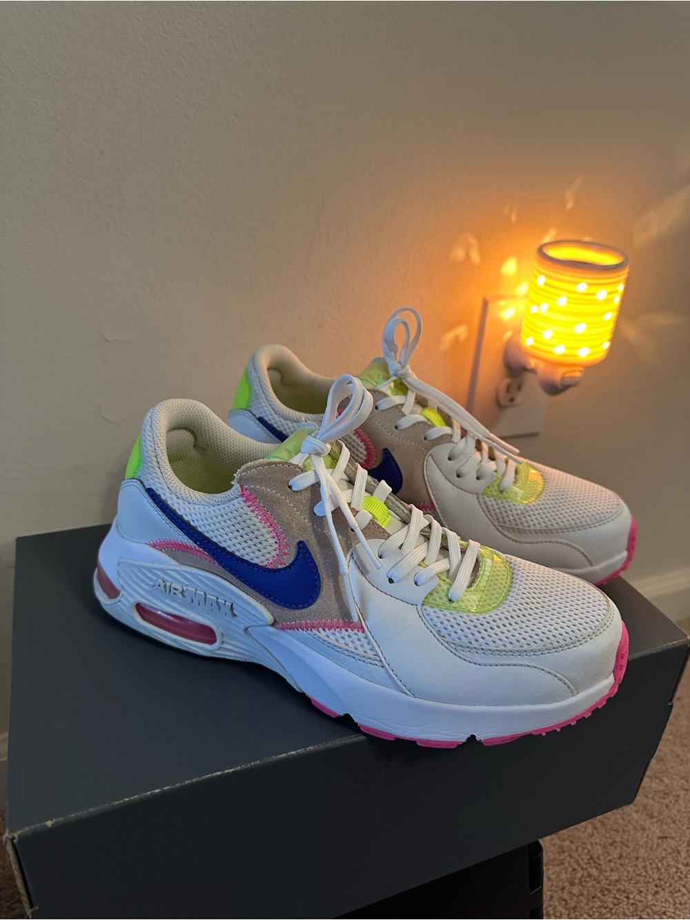 Nike Air Excee, Women’s White Sneakers with Blue, Pink, Neon Yellow, Size 7.5